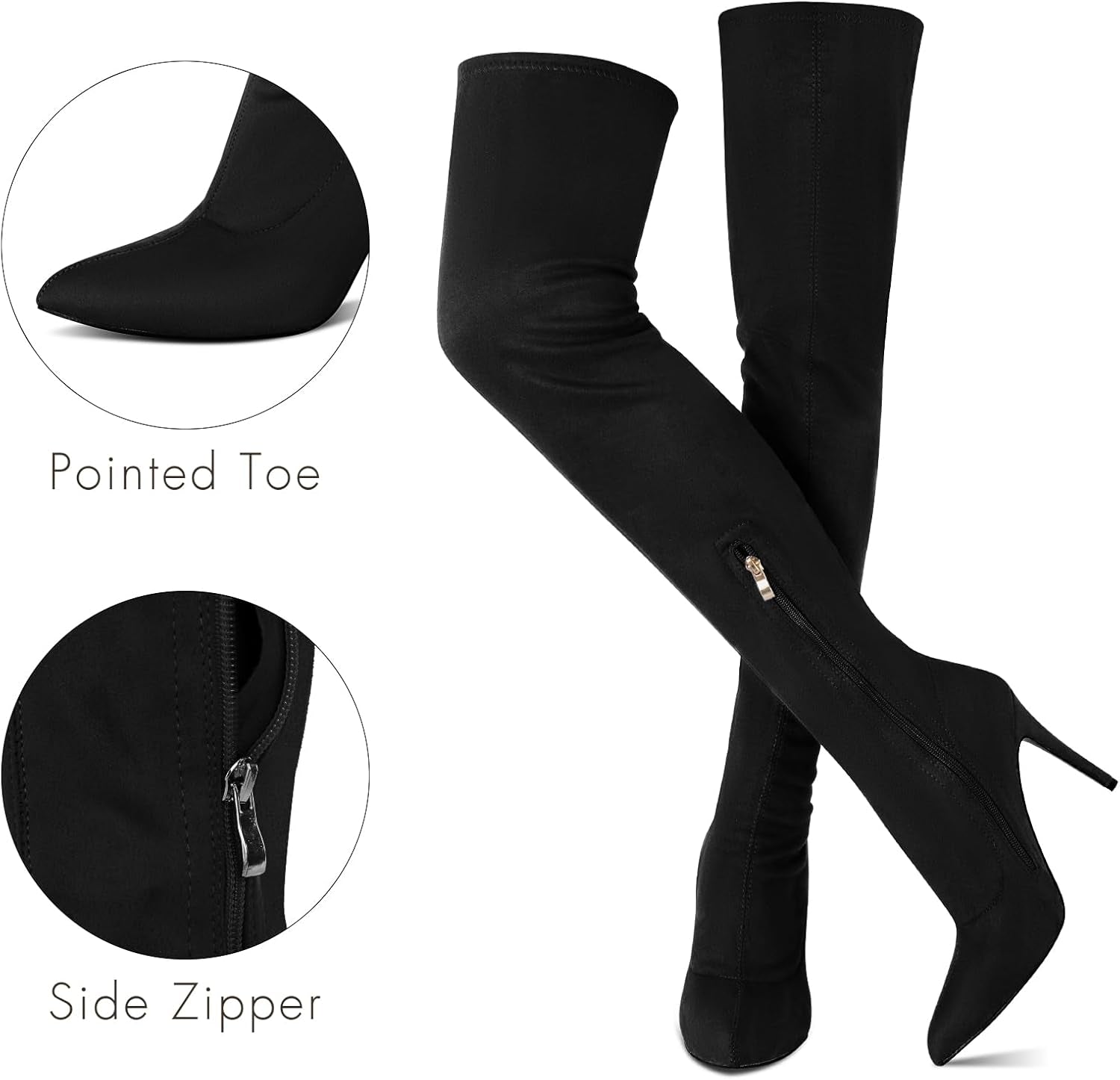 Thigh High Boots for Women Pointed Toe Stiletto over the Knee Boot Suede Side Zipper High Heel Boots